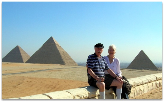 Valerie and John Barrow at the Pyramids of Giza