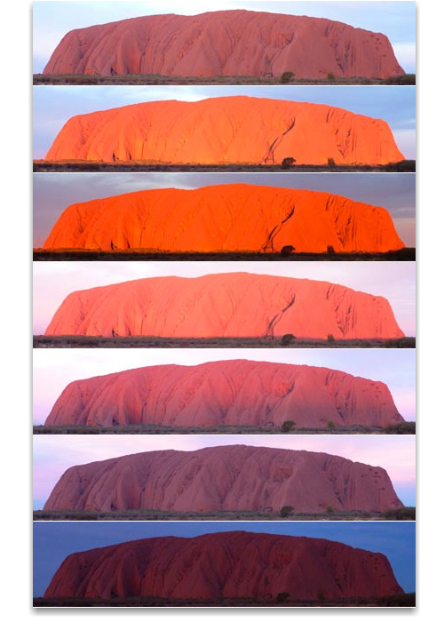 View of the many colours of Uluru at Sunset