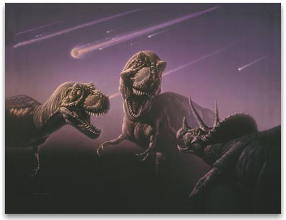 Dinosaurs fighting with comets in the background