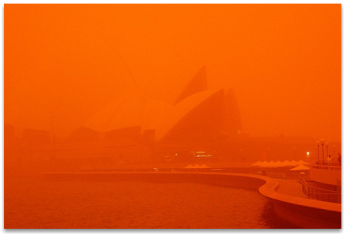 Sydney Opera House obscured by dust