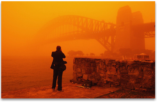 Sydney Harbour Bridge obscured by dust