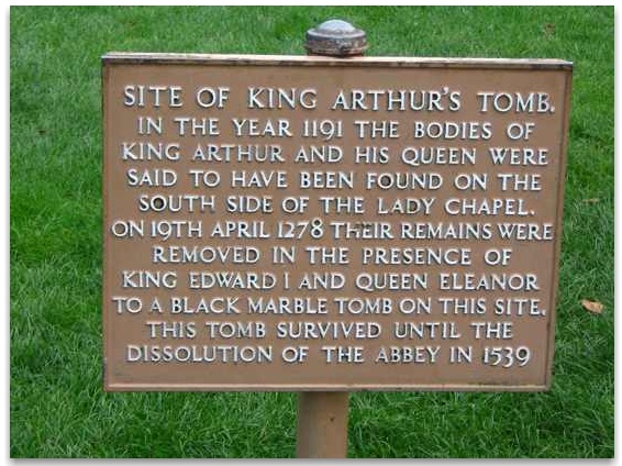 Plaque in Glastonbury Abbey marking the discovery site of the graves where the remains of Arthur and Guinevere were found