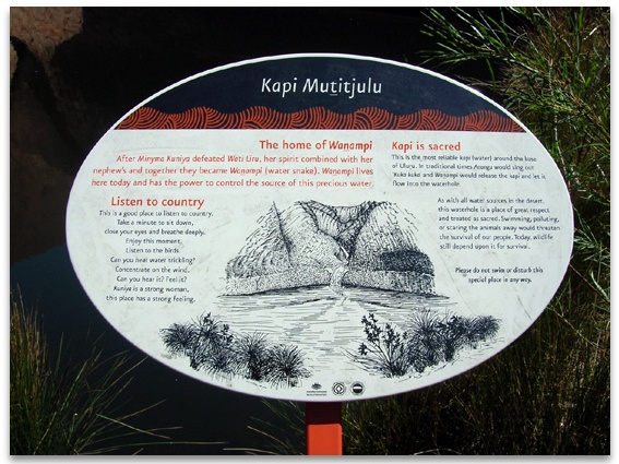 Sign at Entrance to Kapi Mutitjulu - telling the Dreamtime story