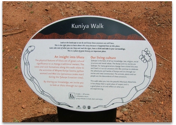 Sign at Entrance to Uluru telling of the Kuninya - telling the Dreamtime story