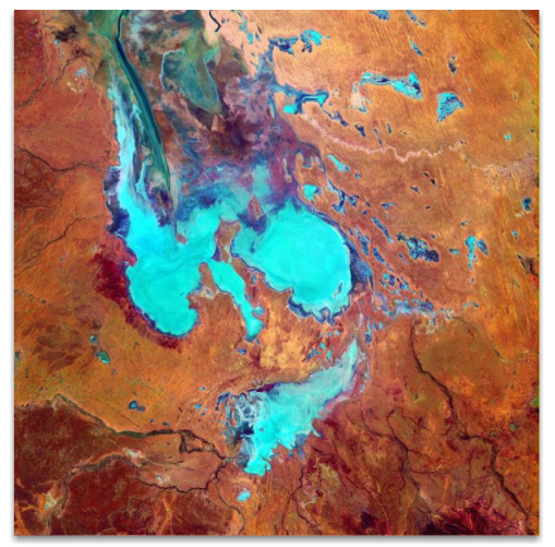 Composite satellite image of Lake Eyre using shortwave infrared, near-infrared, and blue wavelengths