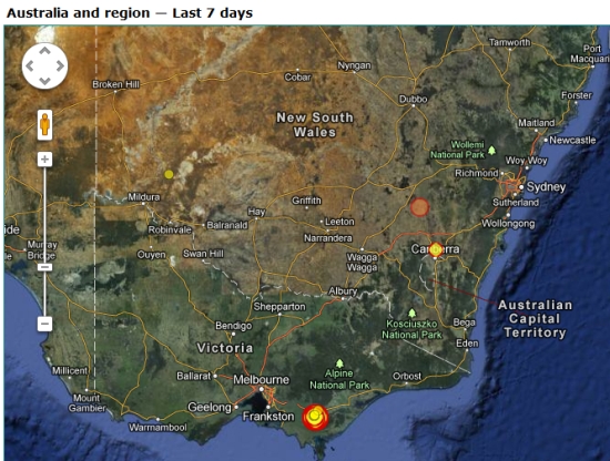 Earthquake map Australia and regions