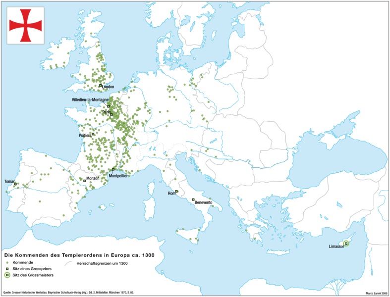 Templar Commanderies in Europe around 1300 AD